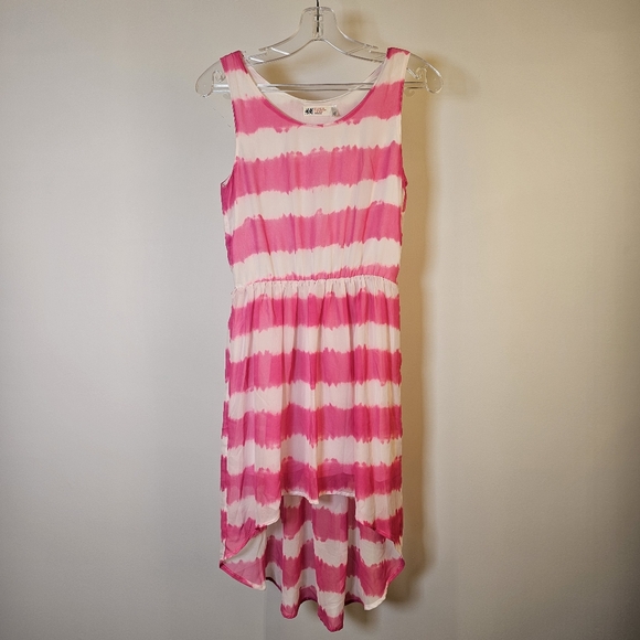 H&M pink white stripe sleeveless chiffon flare high-low mini dress sz 13-14Y US - Picture 2 of 8